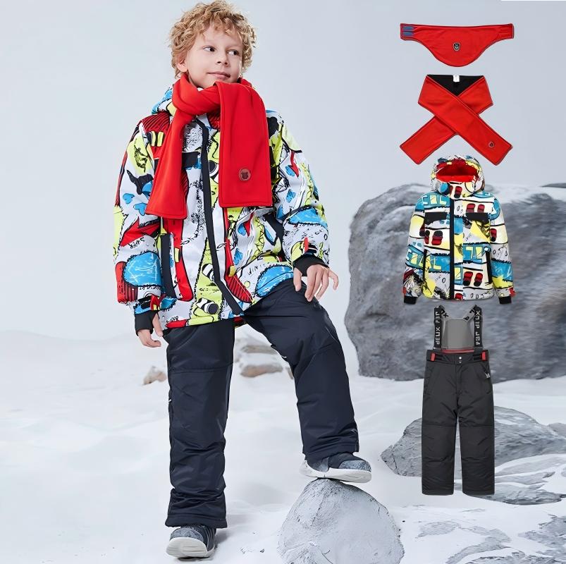 Children's graffiti design ski suit set，4 in 1 Set