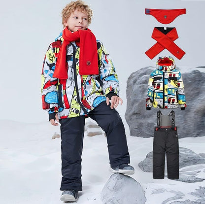 Children's graffiti design ski suit set，4 in 1 Set