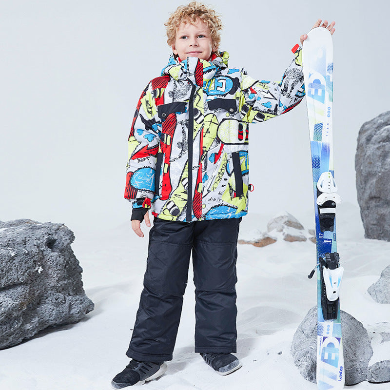 Children's graffiti design ski suit set，4 in 1 Set