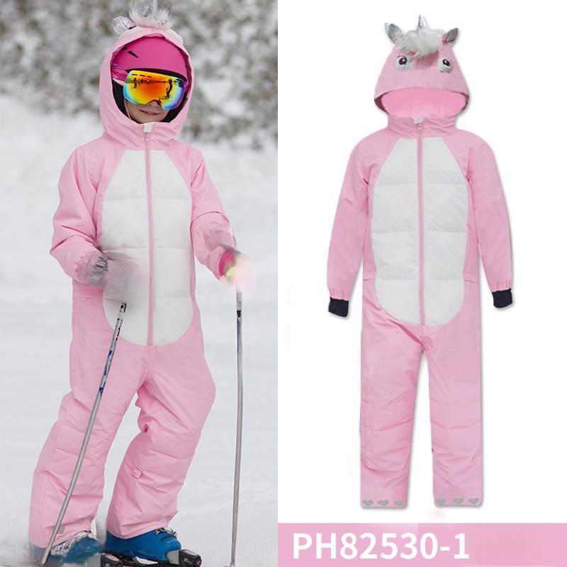 Kids Unisex Winter Animal Friendly Waterproof One Piece Snowsuits-Pink Unicorn & Black Penguin