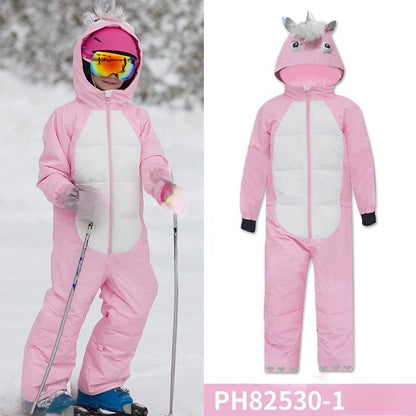 Kids Unisex Winter Animal Friendly Waterproof One Piece Snowsuits-Pink Unicorn & Black Penguin