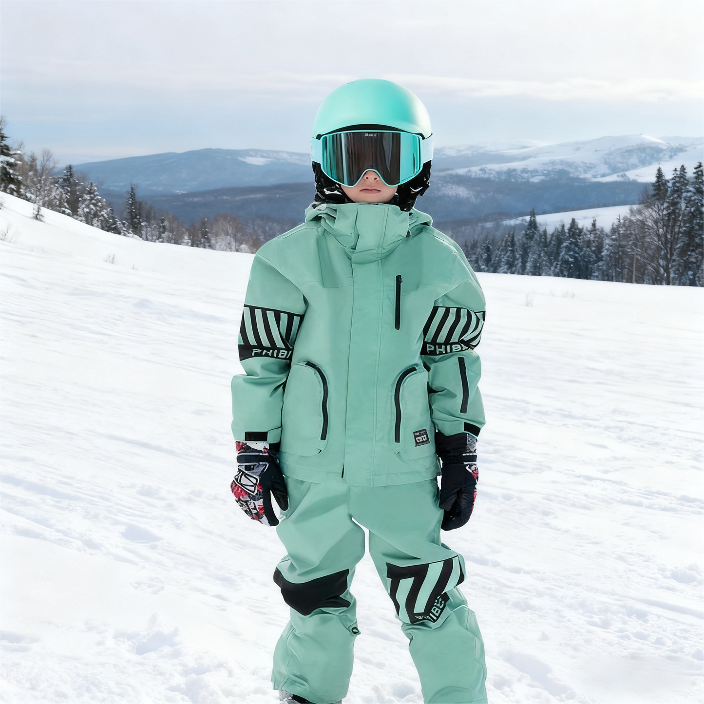 Vibrant Youth Ski Suit Set: Bold Colors + Durable Snow Gear-Green