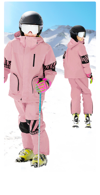 Vibrant Youth Ski Suit Set: Bold Colors + Durable Snow Gear -Pink