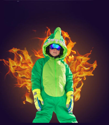 Kids Unisex Winter Animal Friendly Waterproof One Piece Snowsuits-Dinosaur
