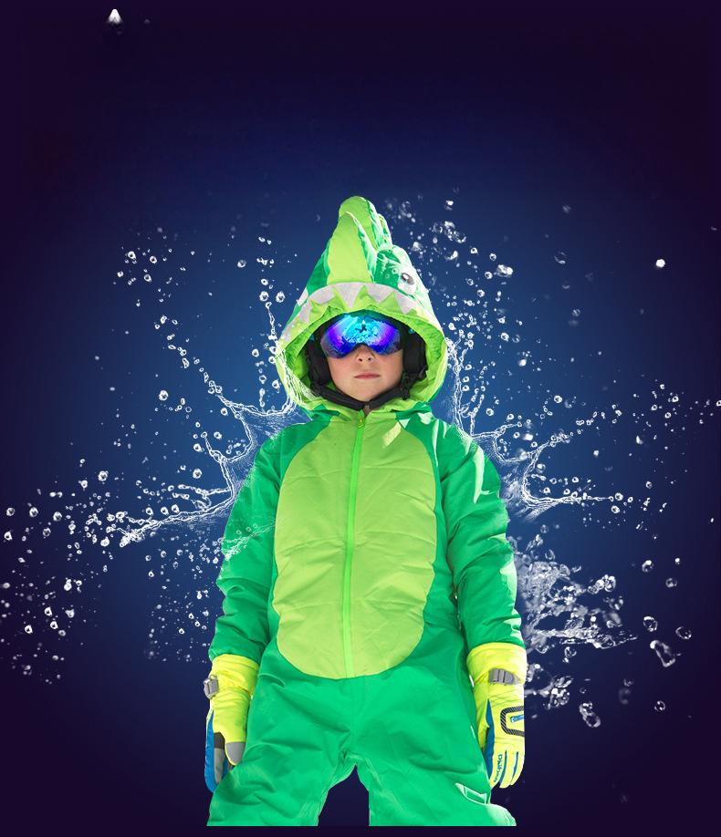 Kids Unisex Winter Animal Friendly Waterproof One Piece Snowsuits-Dinosaur