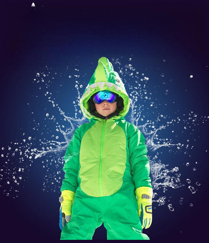 Kids Unisex Winter Animal Friendly Waterproof One Piece Snowsuits-Dinosaur
