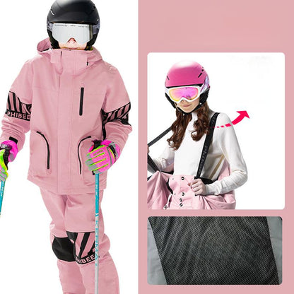 Vibrant Youth Ski Suit Set: Bold Colors + Durable Snow Gear -Pink