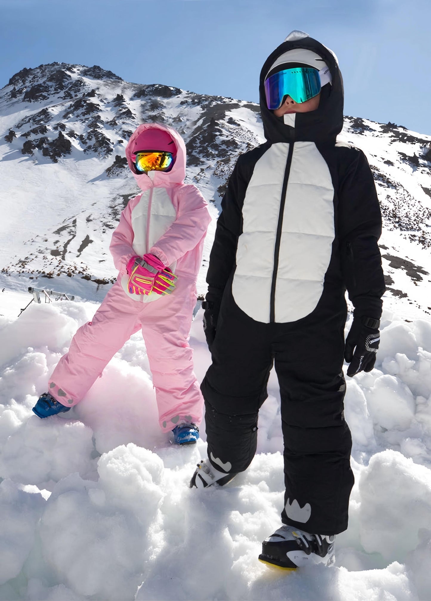 Kids Unisex Winter Animal Friendly Waterproof One Piece Snowsuits-Pink Unicorn & Black Penguin