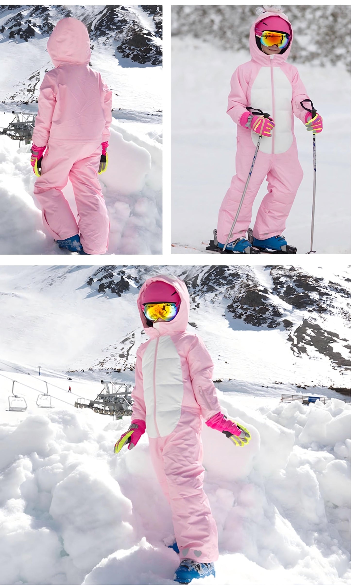 Kids Unisex Winter Animal Friendly Waterproof One Piece Snowsuits-Pink Unicorn & Black Penguin