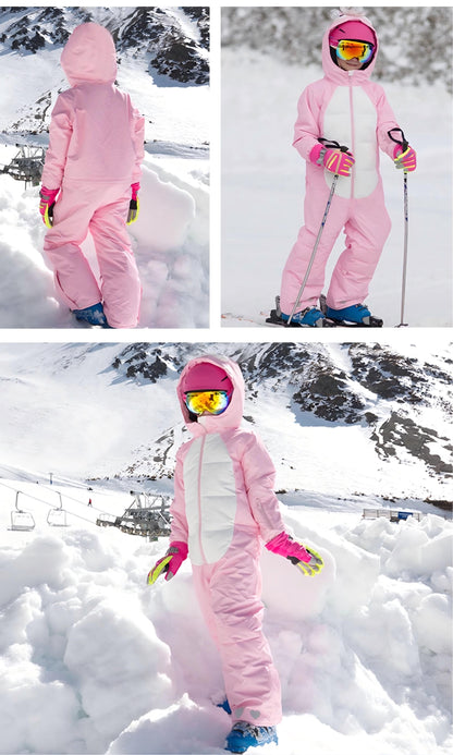 Kids Unisex Winter Animal Friendly Waterproof One Piece Snowsuits-Pink Unicorn & Black Penguin