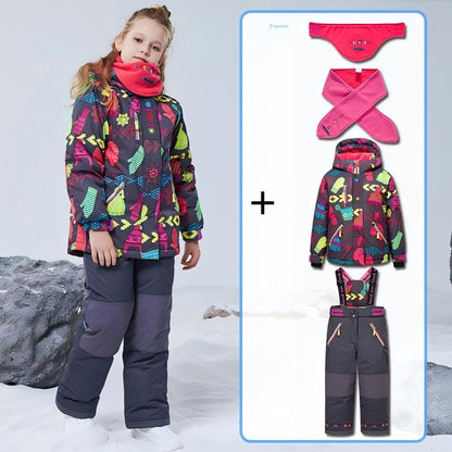 Kids Ski Suit Set Winter Warm Waterproof Jacket + Suspender Pants + Neck Gaiter Windproof Snowboarding Outfit for Girls Boys
