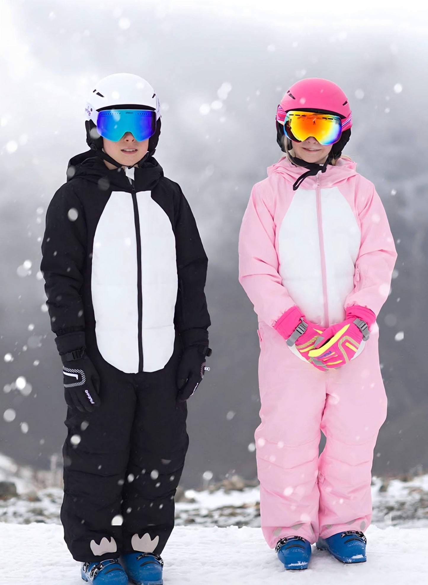 Kids Unisex Winter Animal Friendly Waterproof One Piece Snowsuits-Pink Unicorn & Black Penguin