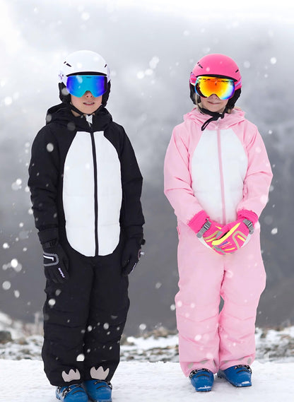 Kids Unisex Winter Animal Friendly Waterproof One Piece Snowsuits-Pink Unicorn & Black Penguin
