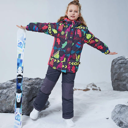 Kids Ski Suit Set Winter Warm Waterproof Jacket + Suspender Pants + Neck Gaiter Windproof Snowboarding Outfit for Girls Boys
