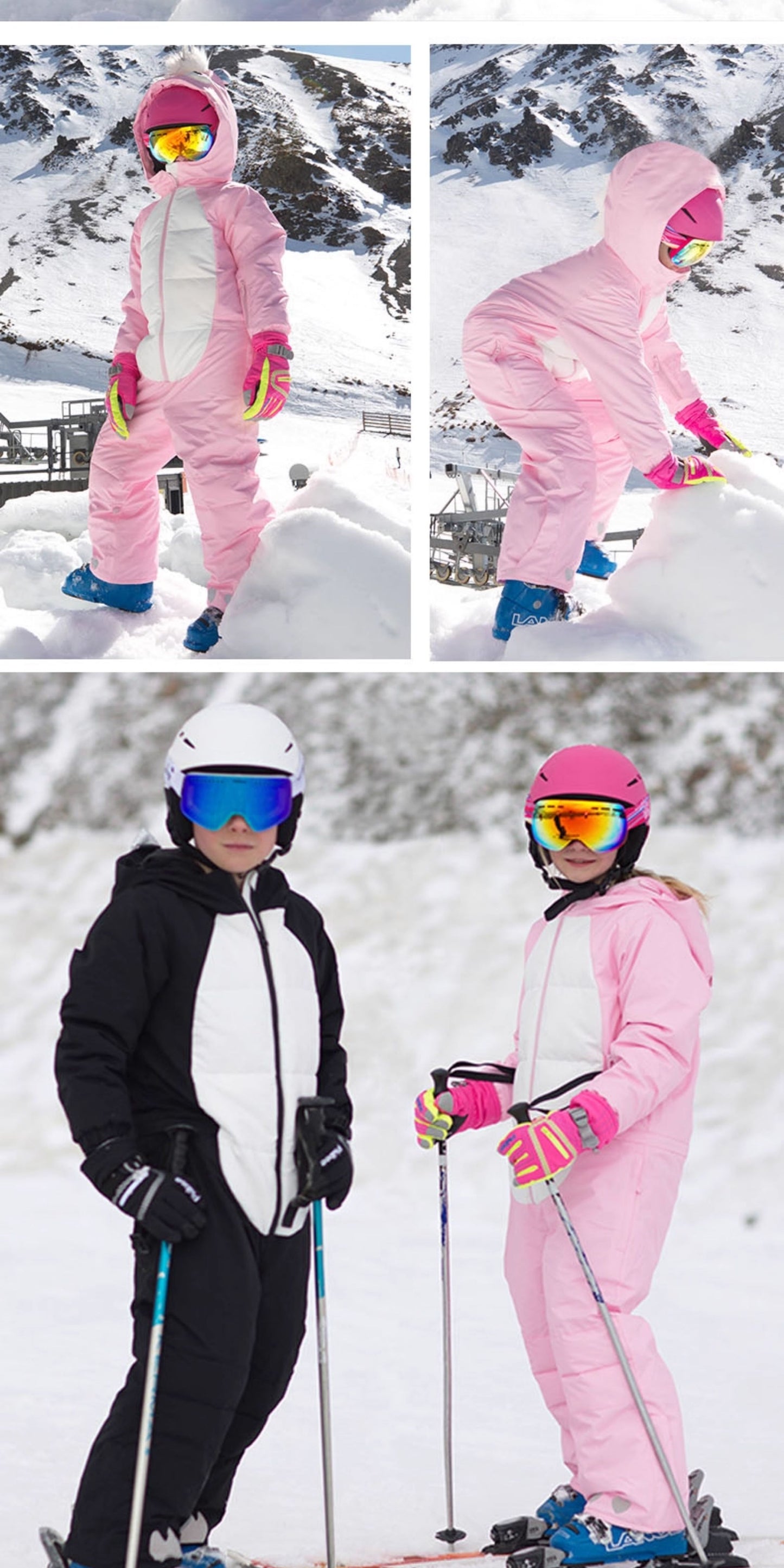 Kids Unisex Winter Animal Friendly Waterproof One Piece Snowsuits-Pink Unicorn & Black Penguin