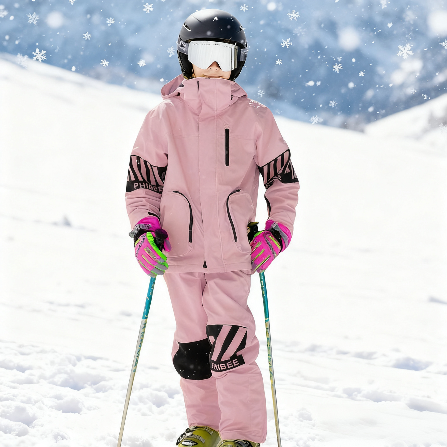 Vibrant Youth Ski Suit Set: Bold Colors + Durable Snow Gear -Pink